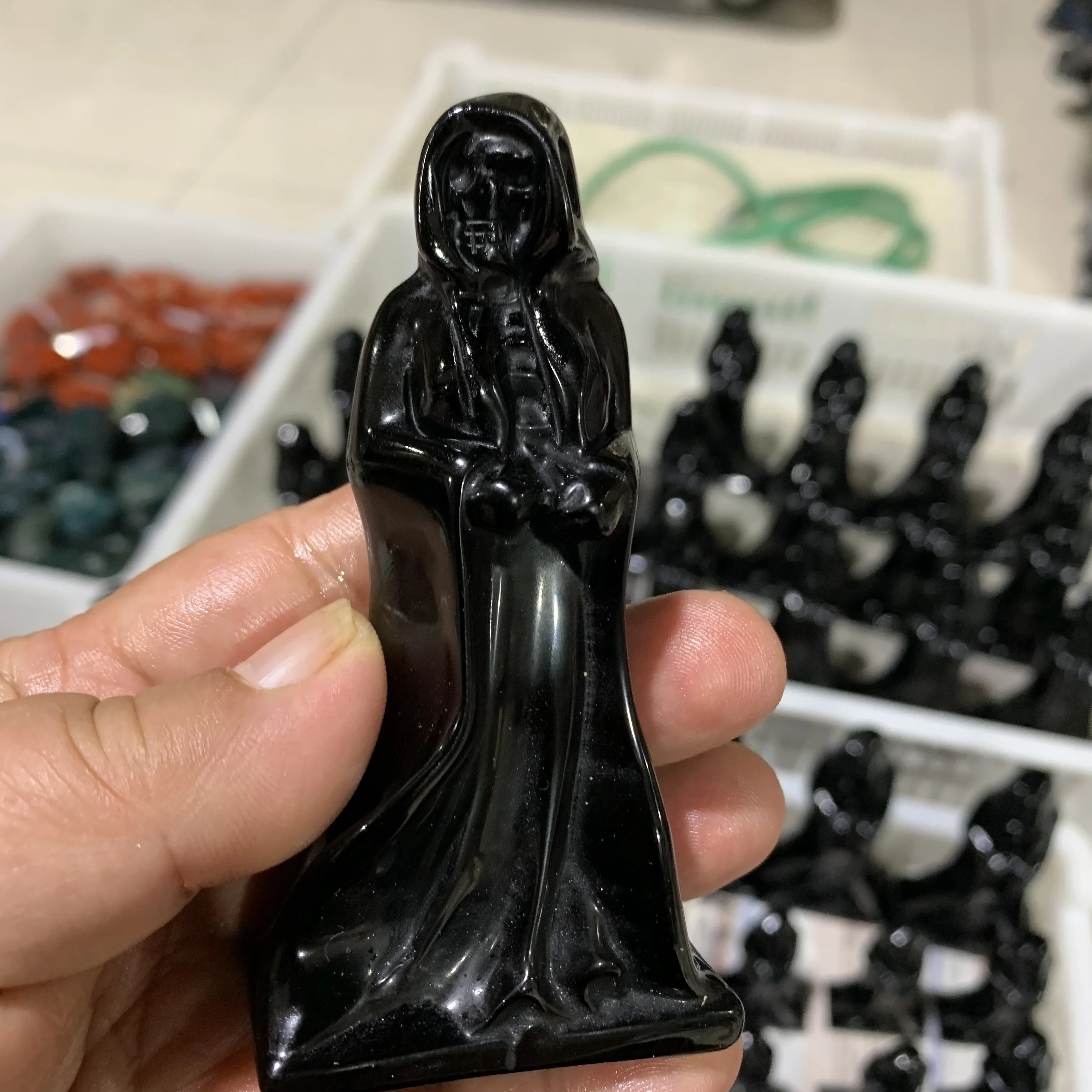 Natural Black Obsidian Death Carving Stone, Reiki Healing, Fengshui, Home and Office Decoration, Holiday Gifts, 1Pc