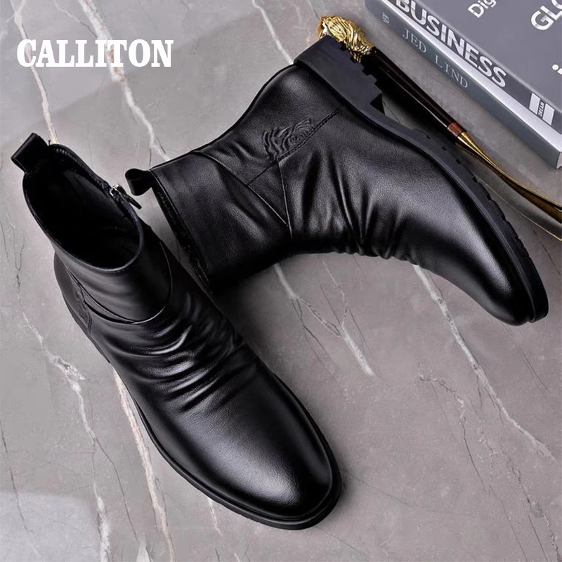 CALLITON Chelsea Boots Genuine Leather Winter Mens Shoes England Zipper Fashion Sneaker Antiskid Keep Warm Calfskin Shoes