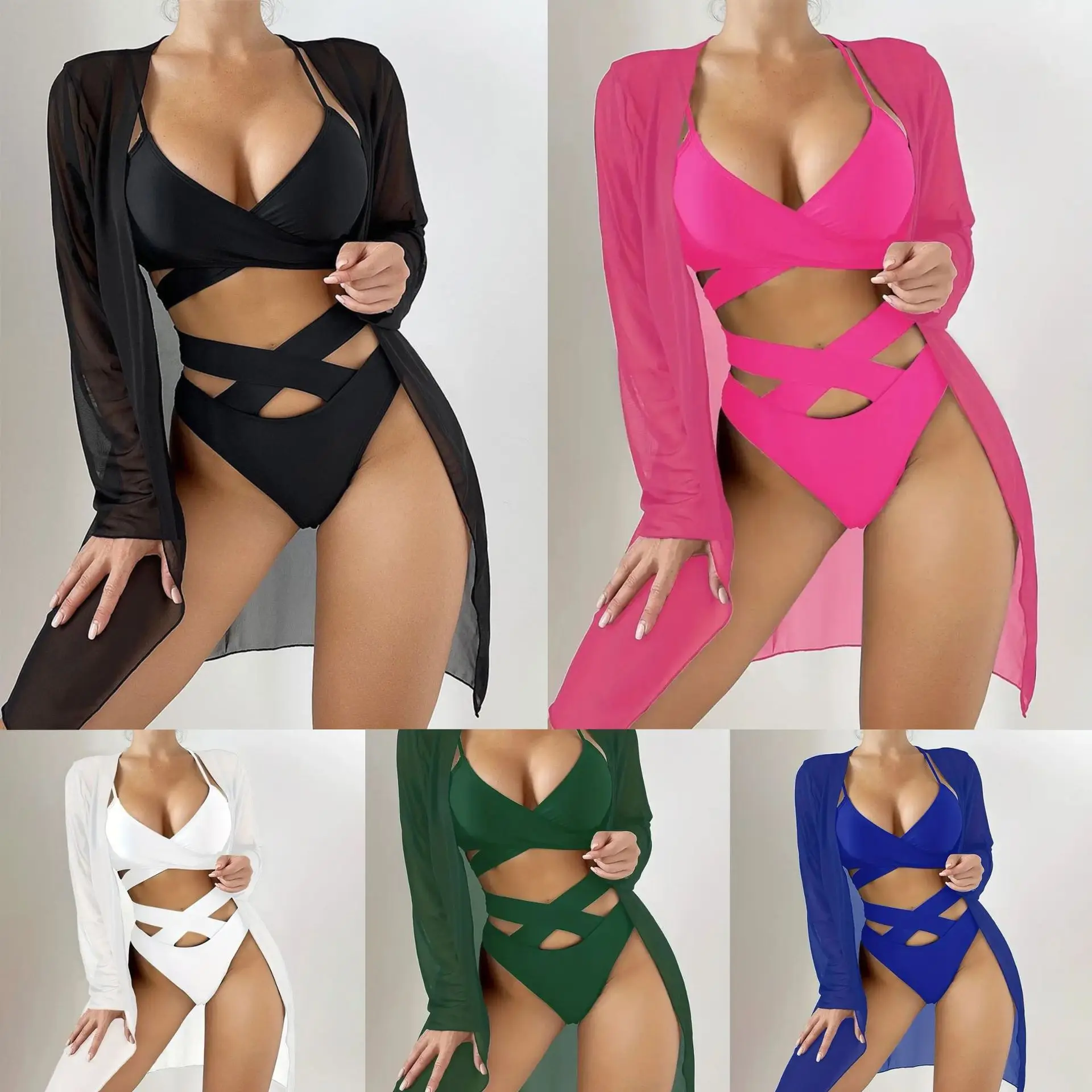 2026 Women's 3 Piece Bikini Set Push Up High Waist Swimsuit with Cover Up Sexy Hot Spring Beachwear Sexy Solid Blace Cut Out Set