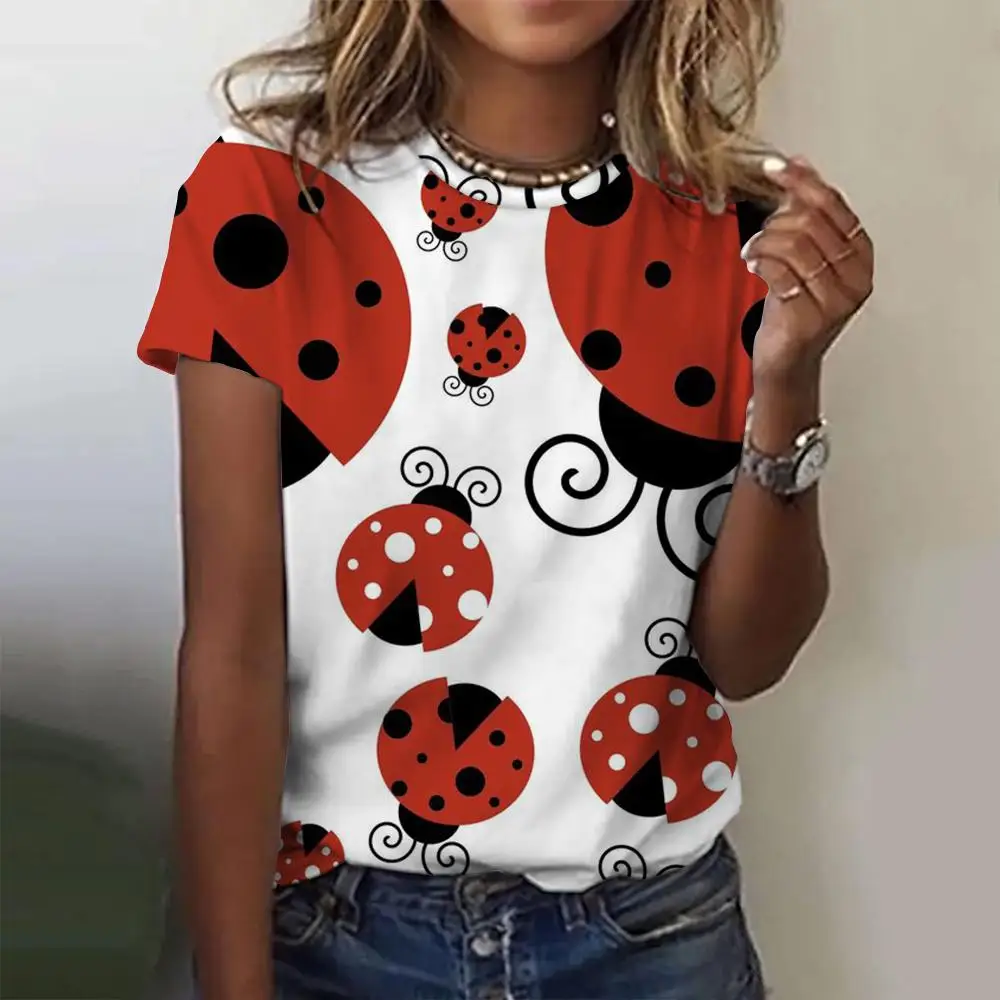 Ladybug Printing Women\'s T-Shirts Top Short Pullover Sleeved Fashion Street Round-Neck Tee Shirt Female Everyday Clothing Summer