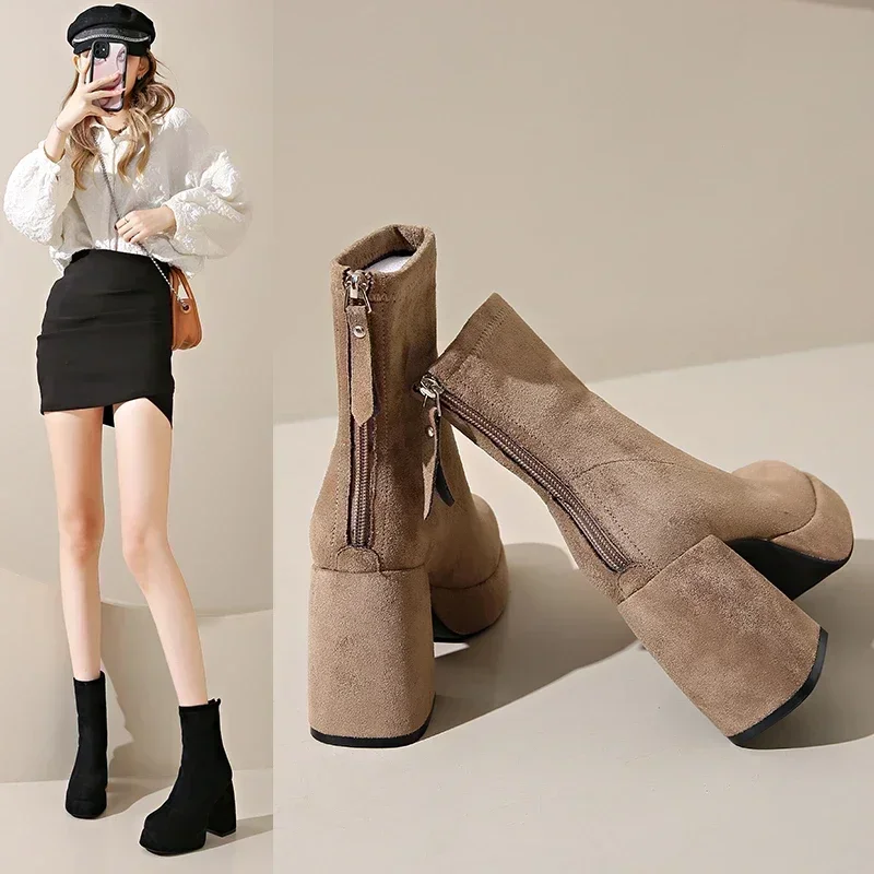 2024 Women's Fashion High-heeled Boots Winter New British Style Soft Sole Anti-slippery  Versatile Keep Warm Leather Shoes