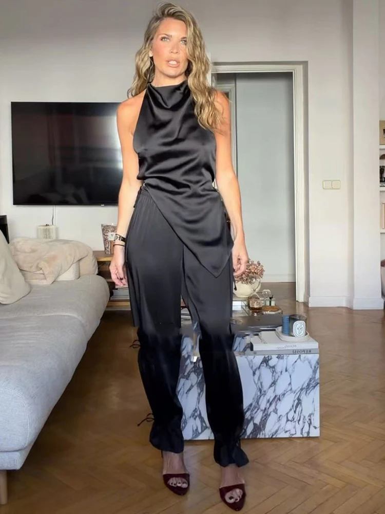 Sexy Women's Pants Set Halter Sleeveless Open Back Top Loose Trousers Elegant Female Solid Slim Fit Sets 2026 Summer Fashion