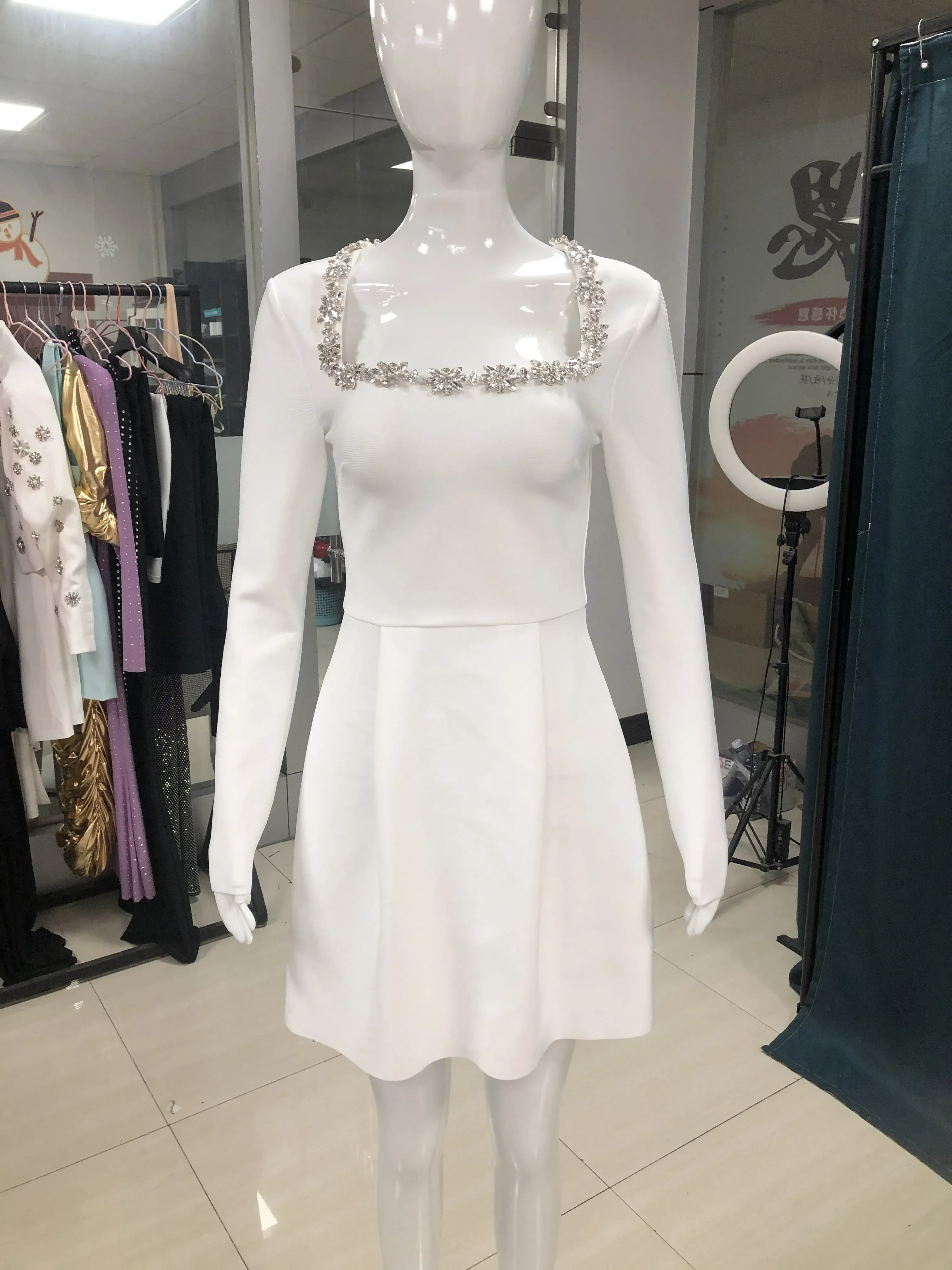 2024 Summer New Women\'s White Long sleeved Square Neck Diamond Pocket Decoration A-line Dress Bodycon Celebrity Party Mini Dress