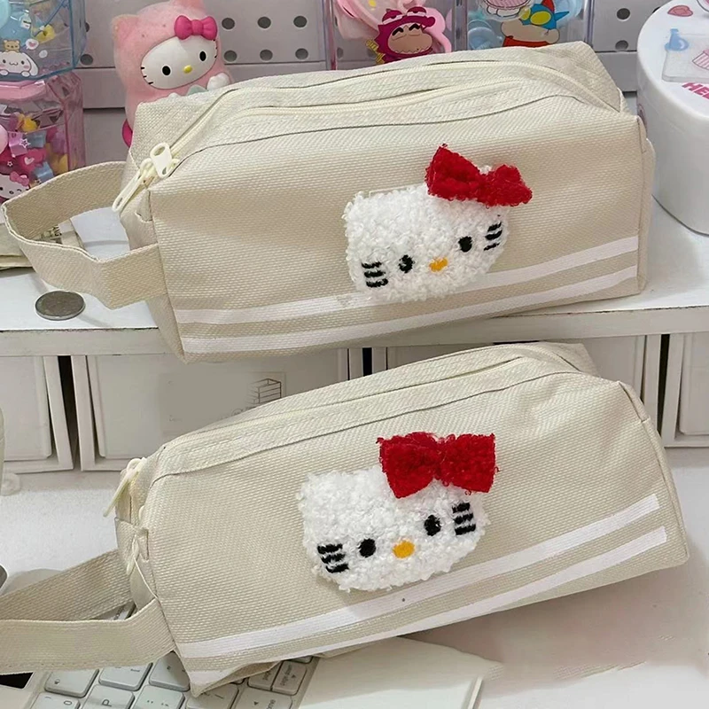 Sanrio Hello Kitty Pencil Pouch Large Capacity Pen Case Cute Kt Cat Cosmetic Bag Girls Student Supplies Canvas Stationery Gifts