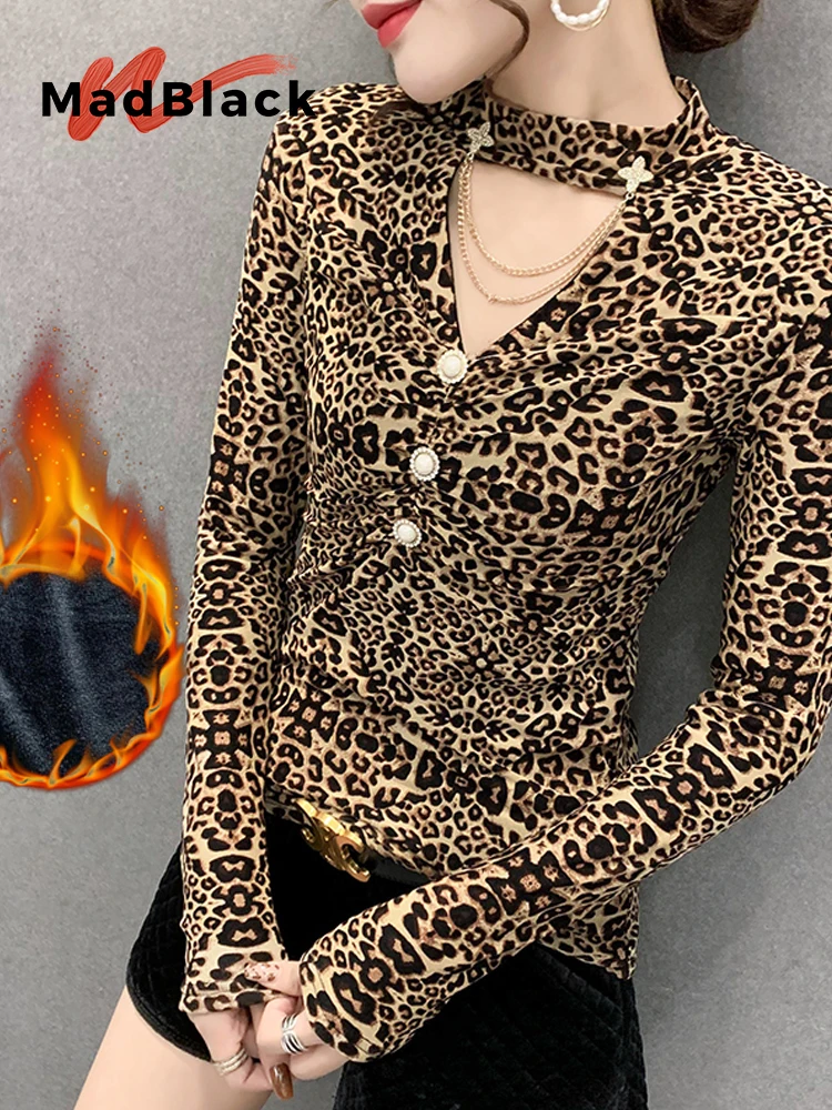 

MadBlack-Женская флисовая футболка в европейском стиле, сексуальные леопардовые пуговицы с воротником-стойкой, тонкая футболка M-3XL с длинными рукавами для клубной одежды, осень 2023, T5N113CC