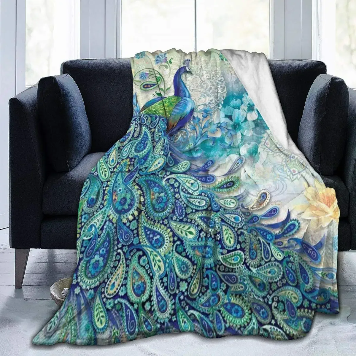 Peacock and Vintage Botanical Flannel Blanket Ultra Soft Cozy Warm Throw Lightweight Blanket Microfleece Blanket for Home Gifts