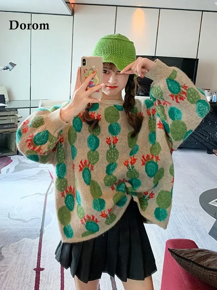 Vintage Cactus Green Sweaters Woman Autumn Korean O-Neck Casual Oversized Knitted Pullover Y2k Warm Harajuku Loose Jumper Female