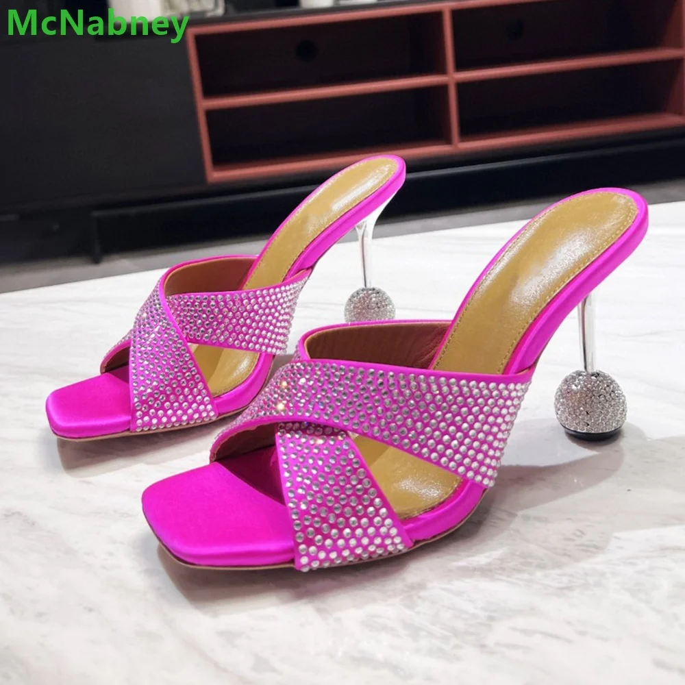 2024 New Rhinestone Square Toe Slippers Strange Heel Sandals Luxury Designer Solid Outside Fashion Slides Summer Shoes For Women