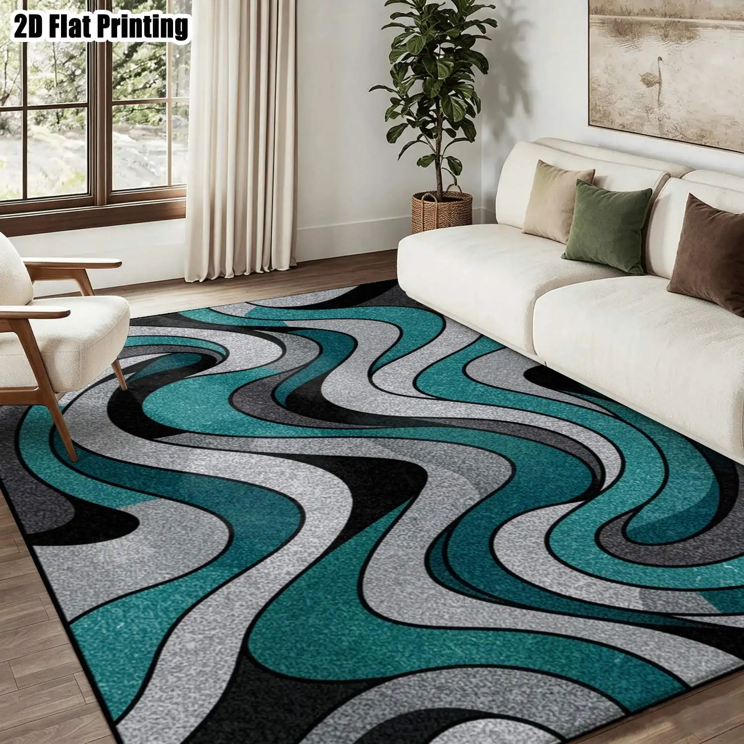 1Pc 2D Printed Carpet: Green-Gray Wave Abstract Pattern, Modern Simple Home Decor, Multi-Size, Machine Washable, Ideal for Door Mats, Dining, Foyer, Bedroom, Study, Living Room