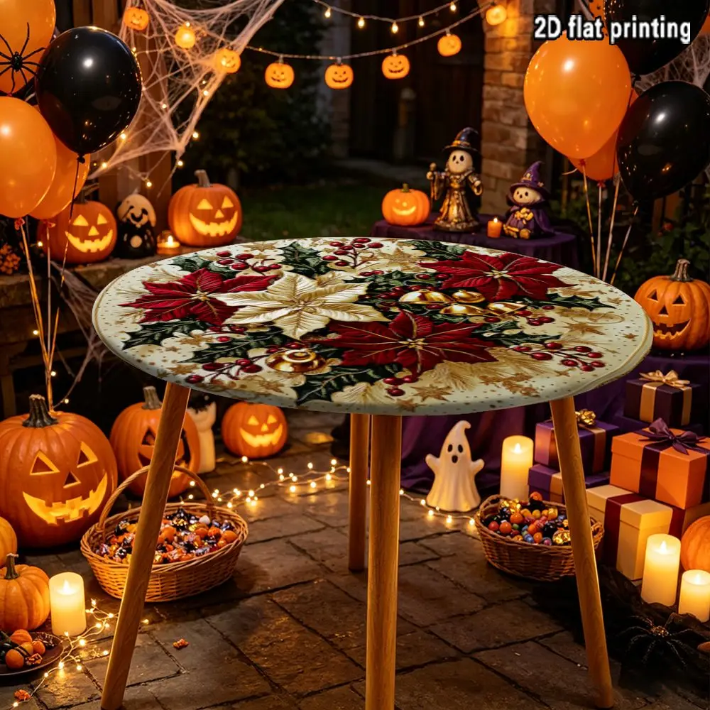 2D FLAT 1pc Elastic Round Tablecovers, Red And Gold Poinsettias With Holly Berries  Ideal as Christmas Party Decor.
