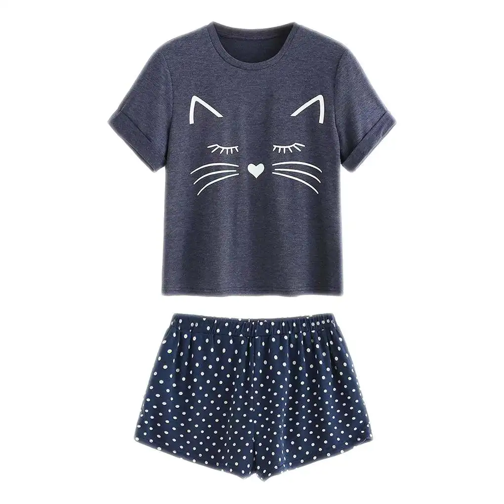 

Women's Casual Sleepwear Nightwear Set Pajamas Short Sleeve Cartoon Top Shorts