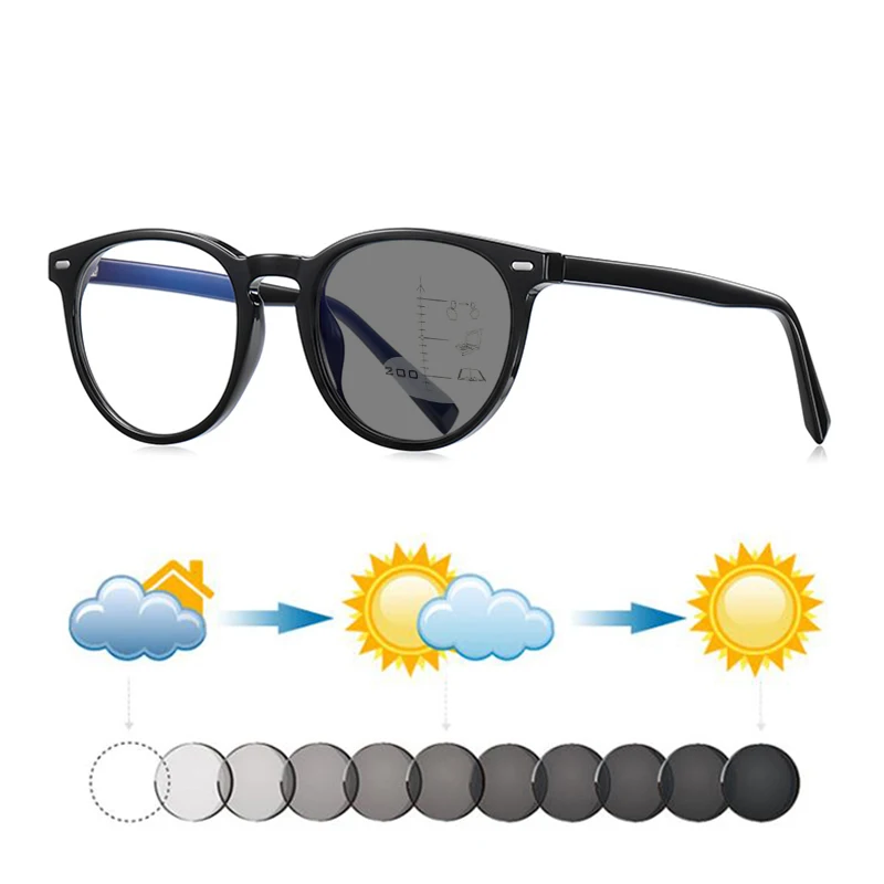 New TR90 Core-Inserting Photochromic Progressive Reading Sunglasses for Women Men Rivets Look Near Far Hyperopia Sunnies UV