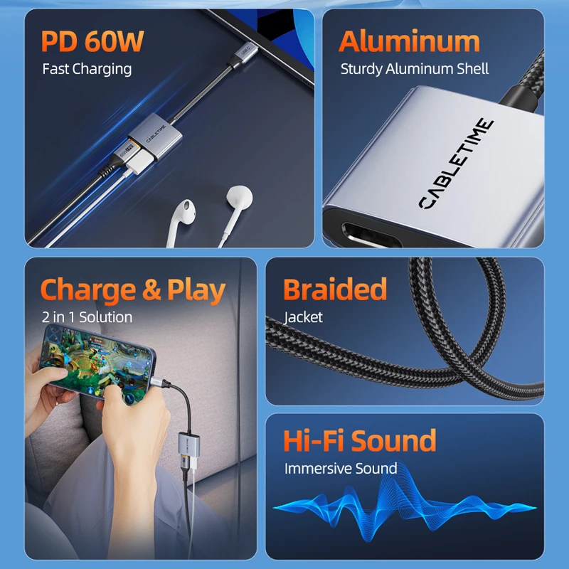 CABLETIME USB C a Dual USB C Adaptador de cargador y auriculares 2 en 1 PD 60W Cargador rápido Adaptador de aluminio Hi-Fi para IPhone HUAWEI