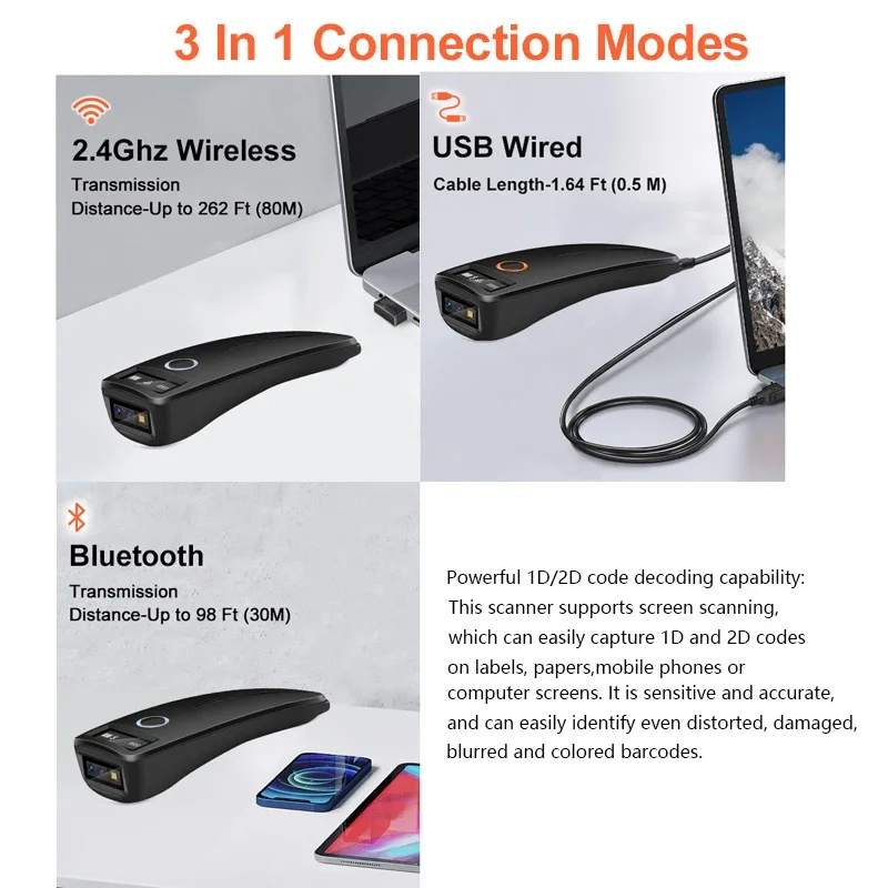 Portable Bluetooth Barcode Scanner Handheld 1D/2D Code Wireless Barcode Scanner Supermarket Logistics Express QR Scanner