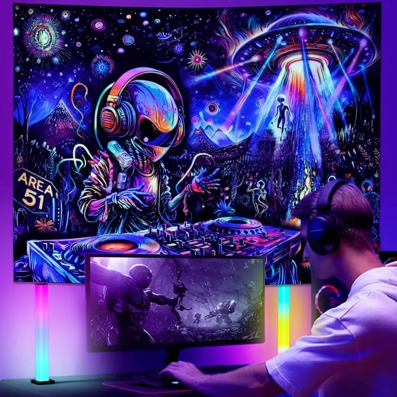 VIKAMA Trippy Alien DJ Tapestry Psychedelic UFO Area 51 Wall Hanging Polyester Neon Gaming Room Decor