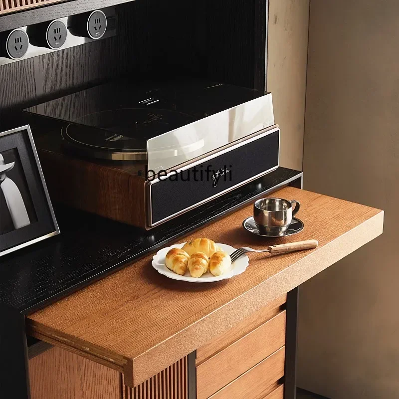 

07Nordic Modern Vintage Teakwood Color Solid Wood Sideboard Multifunctional Cupboard Black High Cabinet