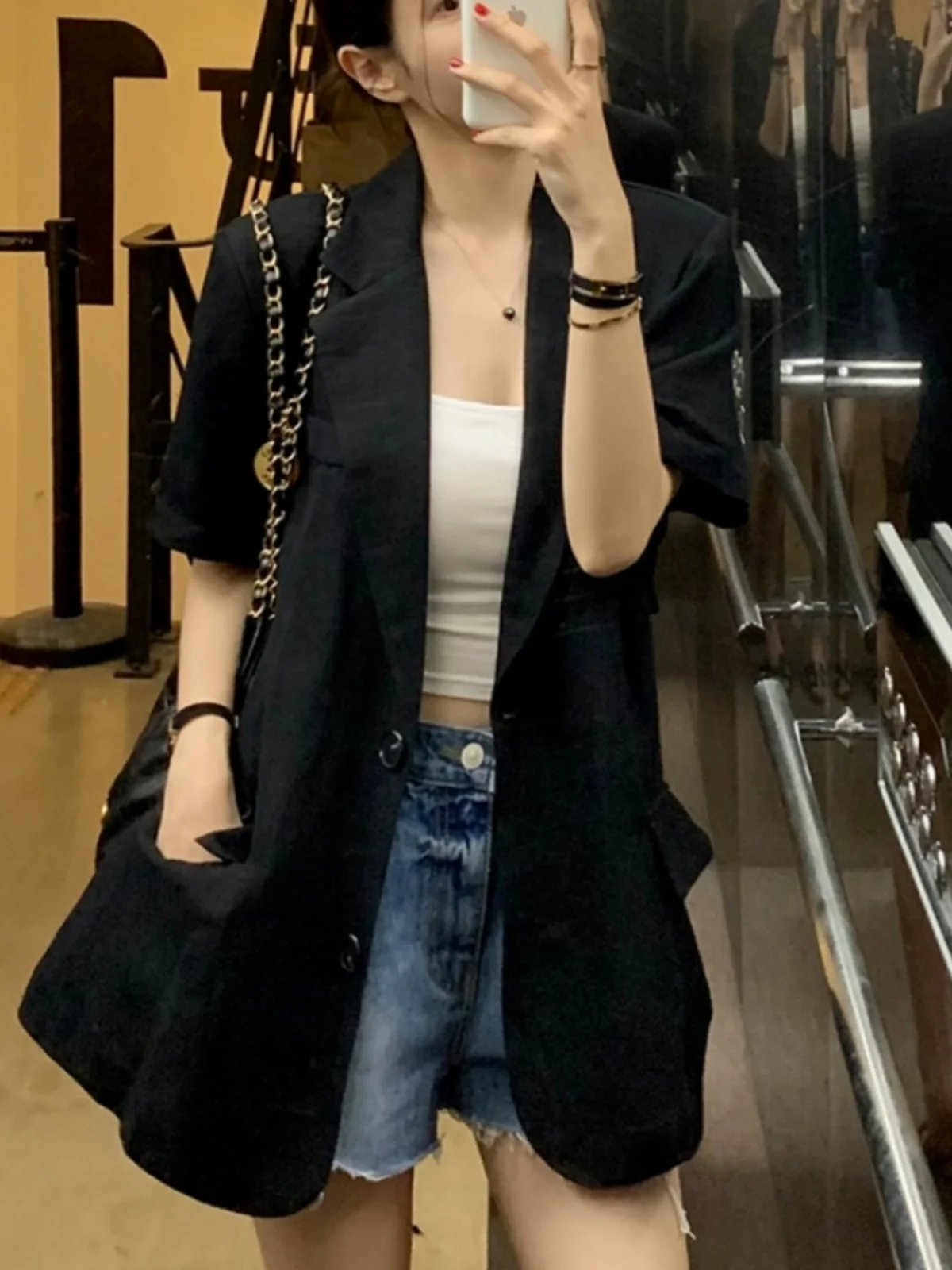 

Women's Summer Thin ort Sve Suit Jaet Loose Fit Midi Length Vintage Sle High End Feeling Casual Commute Sle