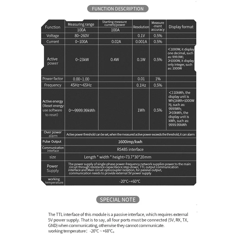 100A PZEM 004T Version Wattmeter+Open CT Kwh Meter Volt Amp Current Test Module for TTL COM2/COM3/COM4