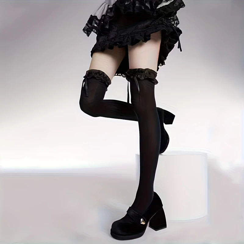 Ladies' knee high socks with pleats and bows, comfortable thigh high socks, suitable for casual and formal occasions