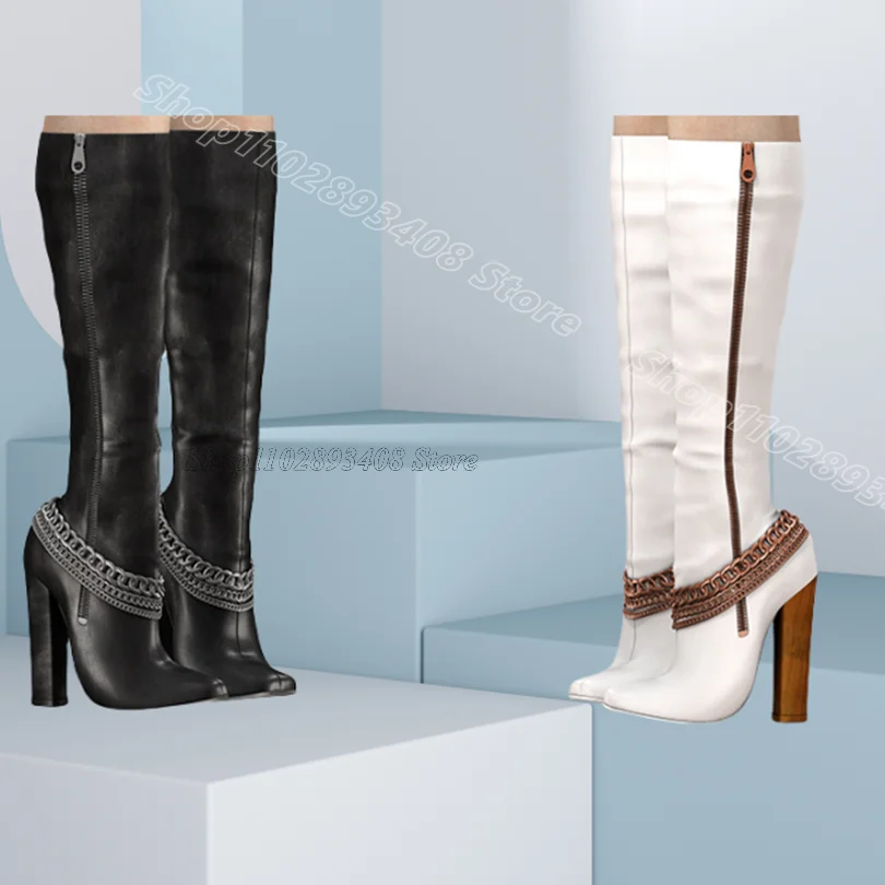 

Black Chain Decor Chunky Heels Boots Pointed Toe Side Zipper Spring Casual Party Stylish Women Boots 2025 Zapatos Para Mujere