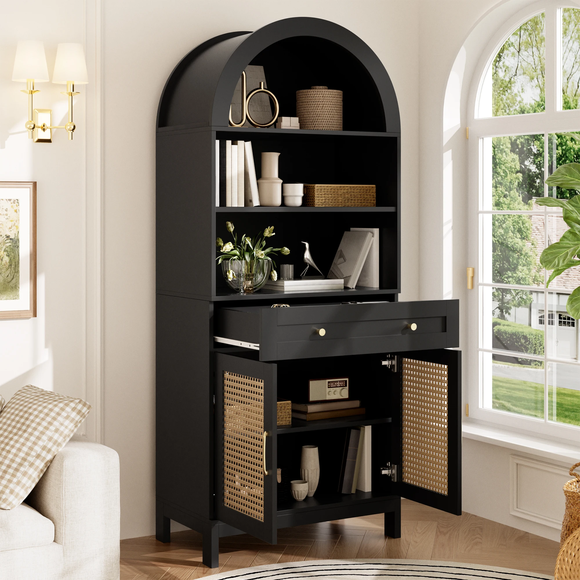 Meuble de rangement et de présentation moderne de style bohème avec portes en rotin, 3 étagères ouvertes, 2 portes, 1 tiroir, grain de bois noir, anti-basculement, pour salon et entrée