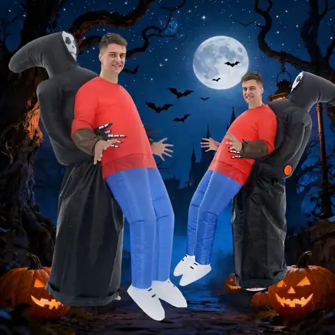 Adult Inflatable Death Reaper Costume Black Horror Halloween Dress up Party Role Play Mischief Day of the Dead Performance