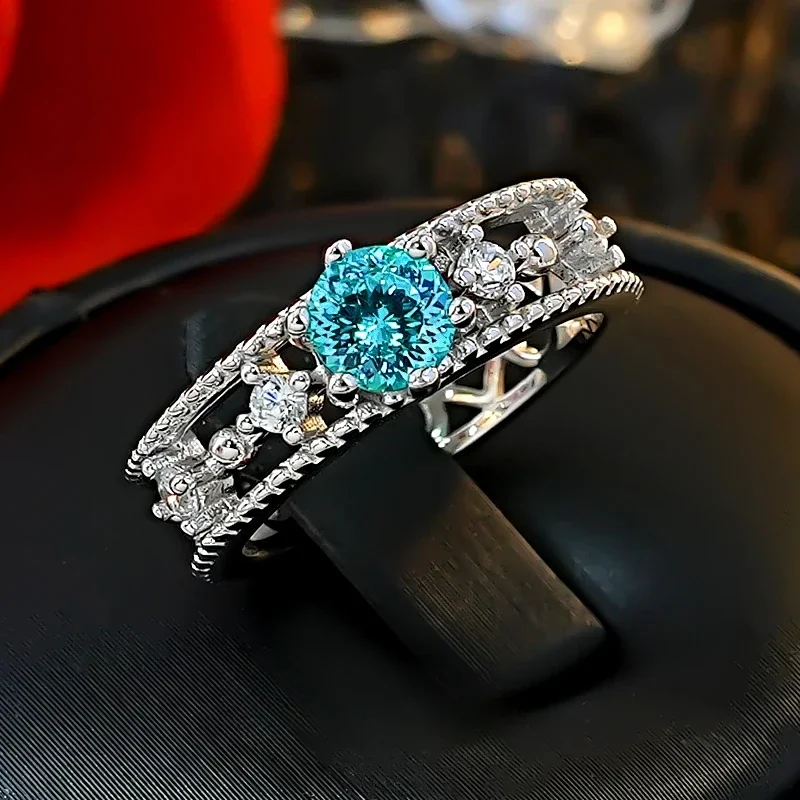 Nieuwe Paraiba-ring 925 zilver verguld kant met diamanten arrangement, nis en veelzijdige damescadeau-sieraden