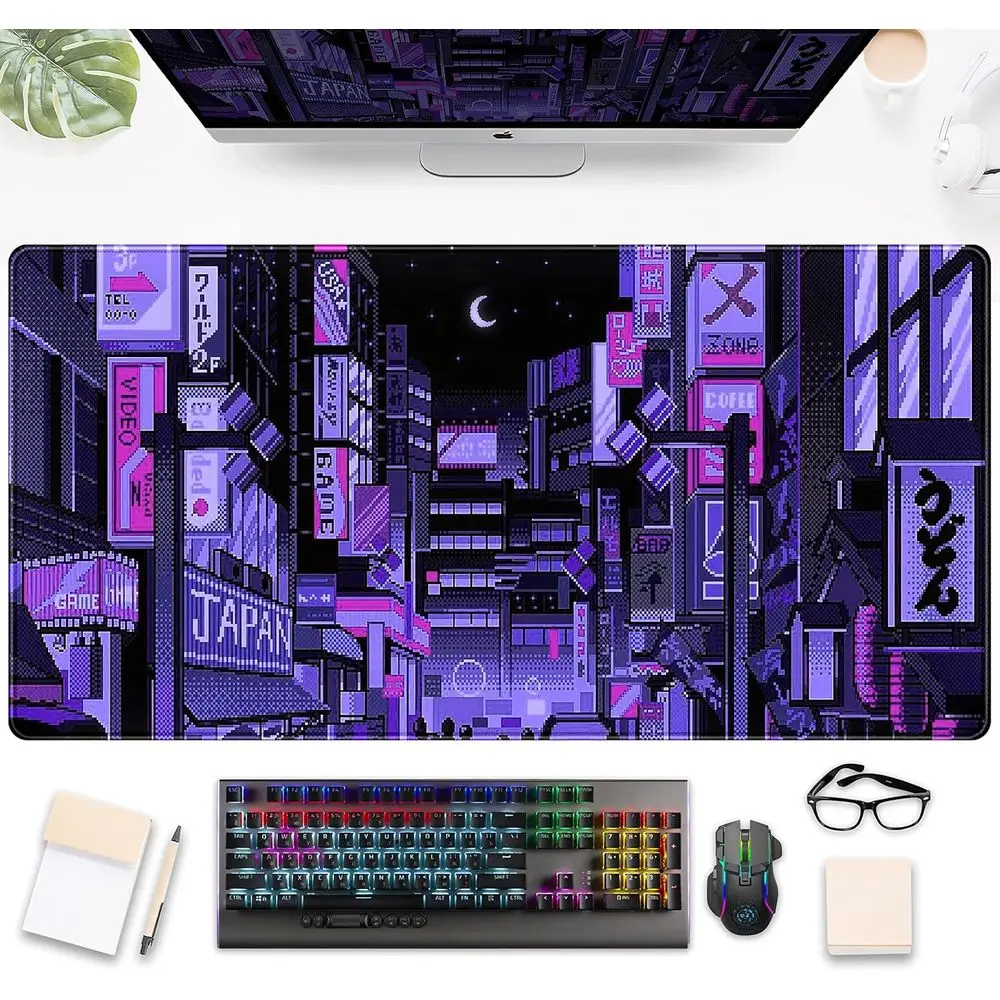Large Retro Anime Gaming Mouse Pad, Aesthetic Neon City Skyline Desk Mat, XXL Keyboard Mat for Women, 31.5x15.75