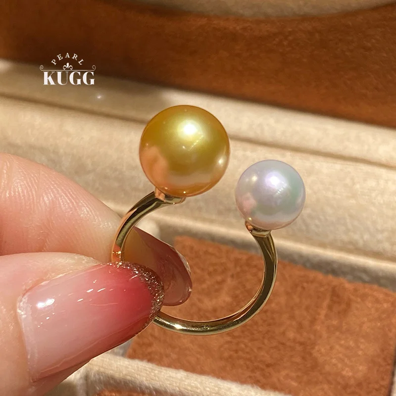 KUGG PEARL 18K Yellow Gold Ring Fashion Design Natural Akoya Pearl&South Sea Gold Pearl Ring for Women High Wedding Jewelry