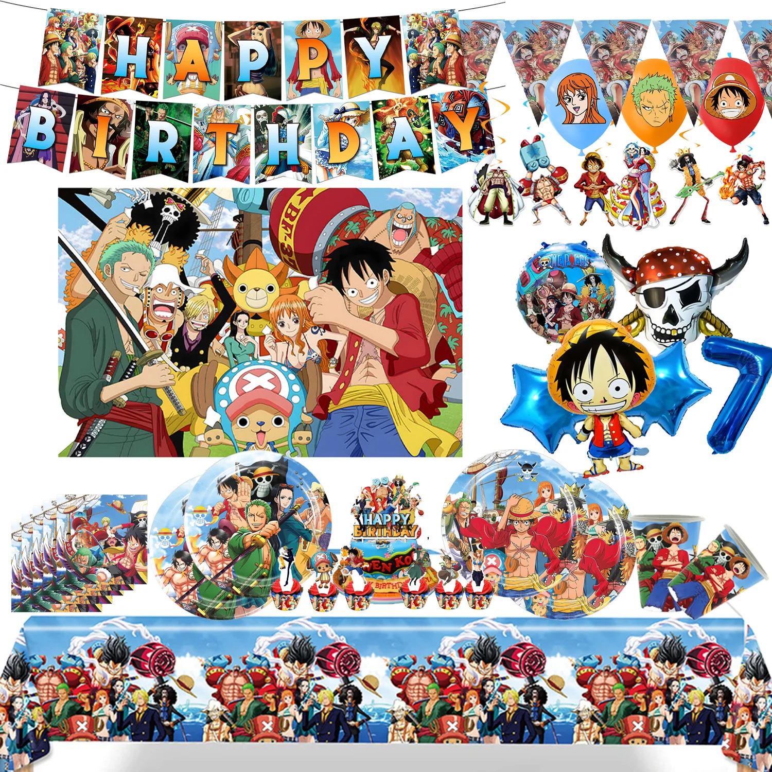 One Piece Birthday Party Dinner Plates Banner Cake Decoration One Piece Luffy Balloon Party Decoration Theme Props Gifts