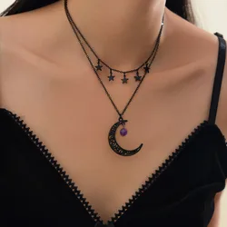 Salircon Gothic Witch Black Star Moon Pendant Women Necklace Trending Bilayer Link Chain Choker Necklace Party Neck Jewelry