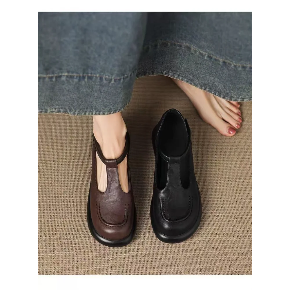 Vintage schokoladenbraune Mary-Jane-Slipper mit runder Zehenpartie, Slip-On-Loafer aus weichem Leder, bequeme Freizeitschuhe, rückenfreie Pantoletten, Streetwear – Detail 7