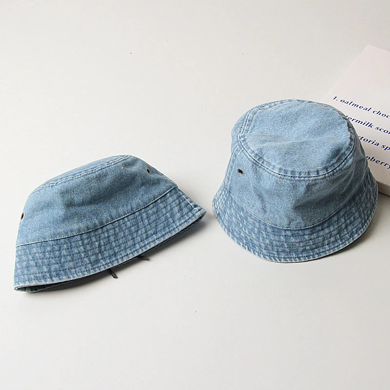 Summer Girls Boys Panama Sun Hat Kids Washed Denim Bucket Hat Children Wide Brim Cotton Fisherman Hats Solid Color Outdoor Cap