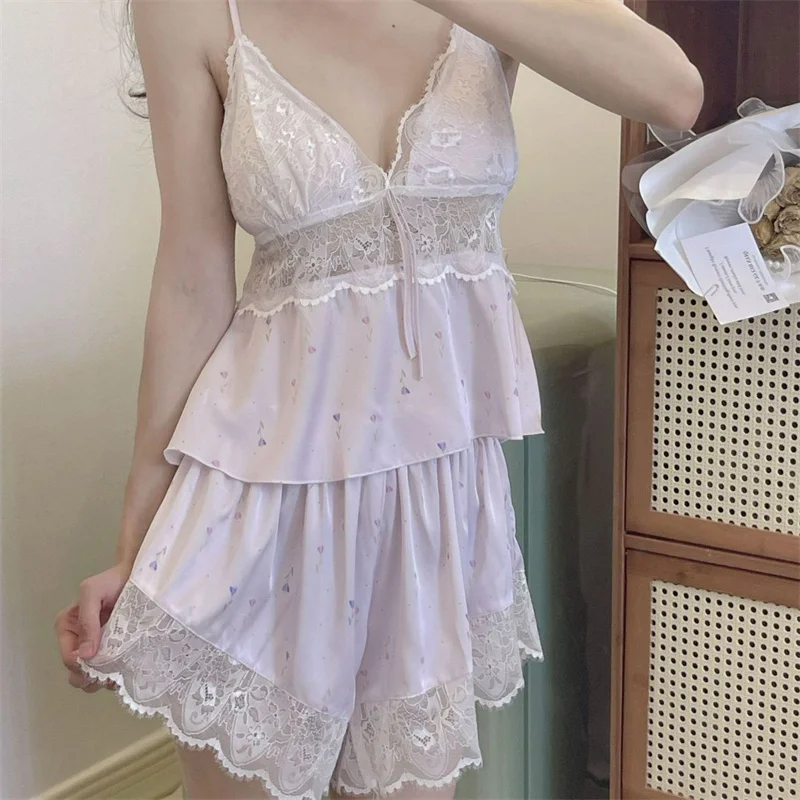 

Summer Lace Patchwork Lingerie Silk Satin Women's Pajamas V Neck Suspender Shorts Sets 2Pcs Sleepwear Bra Pad Pyjama Nightwear