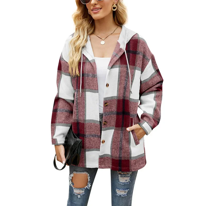 Women's Clothing Fashion Hooded Tartan Coat Button Shirt Autumn and Winter Long Sleeve Top Cheap Wholesale Jacket Streetwear New