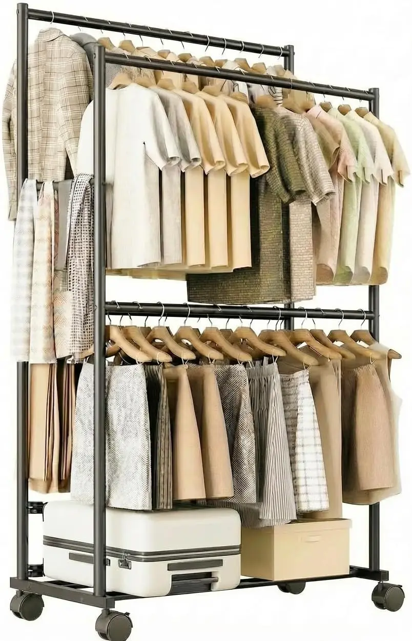 

Heavy Duty 4-Bar Double Rod Rolling Metal Clothing Rack, Portable with Wheels for Bedroom Laundry Closet, Black