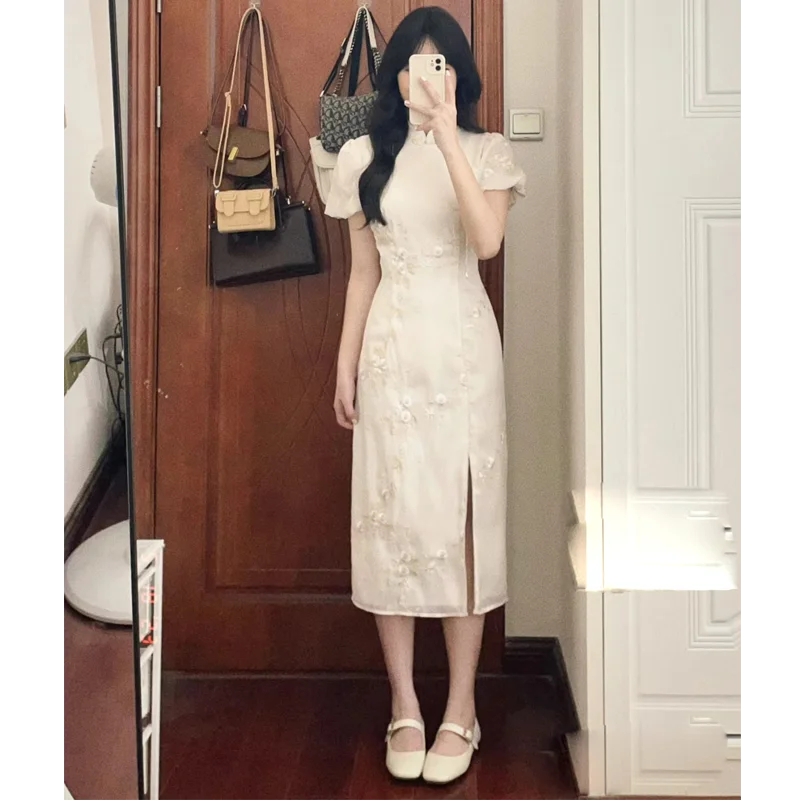 Nieuwe Chinese Sle Geborduurde Rok Bubble Sve Dames Dr Zomerseizoen Mid Taille Split A-lijn Dr