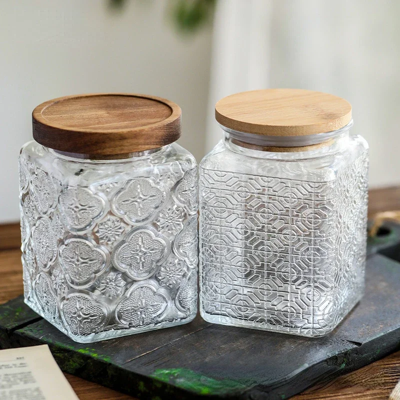 500/700ML Retro square wood cover kitchen storage jar Sugar jar Nuts coffee bean glass sealed jar multigrain storage jar Tea jar