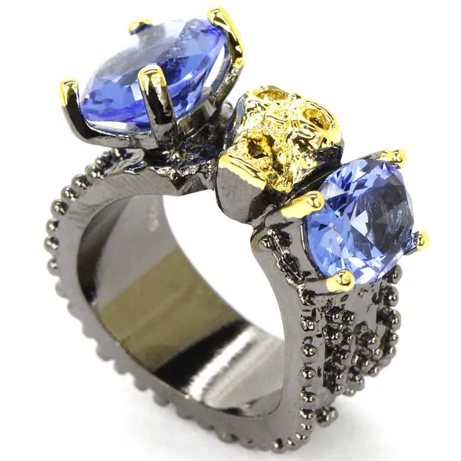25x12mm Neo-Gothic Blood Ruby London Blue Topaz Violet Tanzanite Black Metal Silver Rings Eye Catching