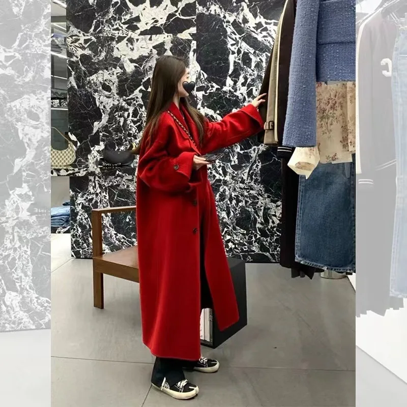 Thousand gold New Year's red coat woolen coat women's winter double-sided wool coat versatile long