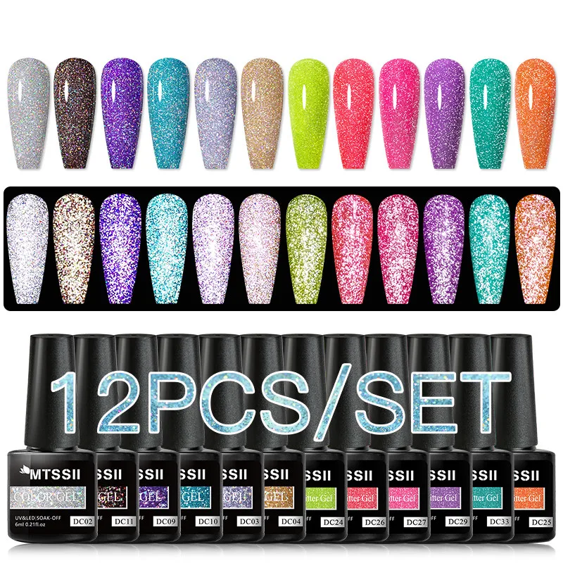 Mtssii 10/12PCS Reflective Gel Nail Polish Set Glitter Fluorescent Semi Permanent Varnishes Soak Off UV LED Gel For Manicure