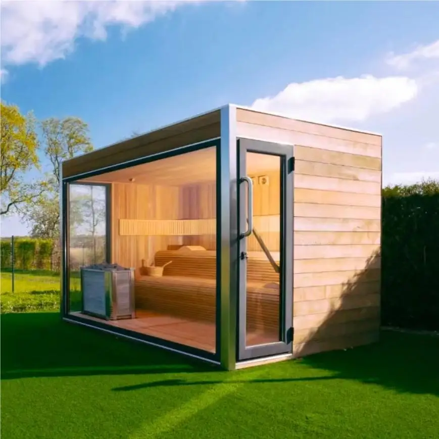 Sala de sauna al aire libre de madera maciza pura canadiense al por mayor con panel de control de computadora de estufa para uso en jardín