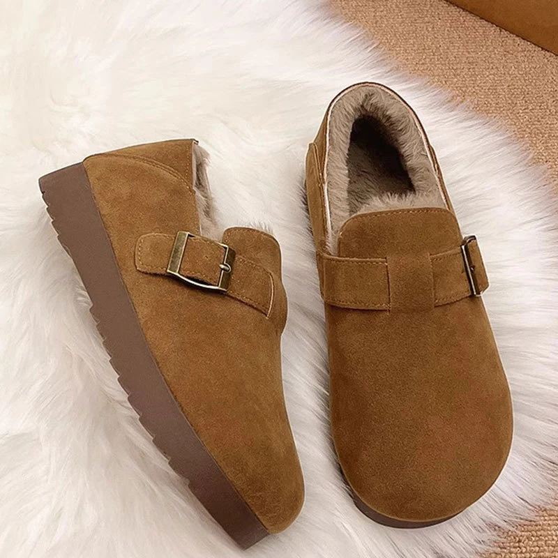 

Waliantile Real Leather Casual Slip-on Shoes For Women 2025 Autumn Retro Outerwear Flat Slippers Women Ladies Plush Snow Boots