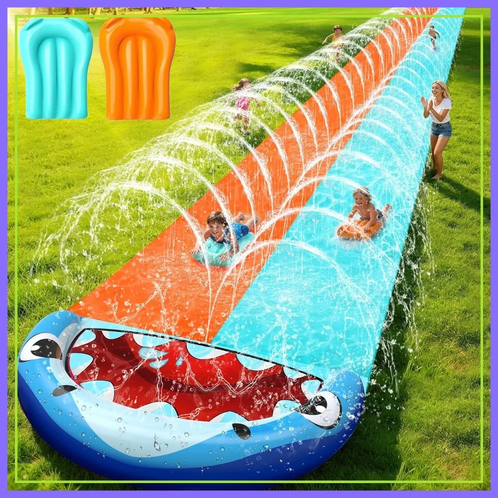 

50FT Extra Long Slip Lawn Water Slide, XXXL Heavy Duty Outdoor Racing Slide with Sprinkler & 2 Inflatable Bodyboards, Double Lane Backyard Summer Fun with Crash Pad