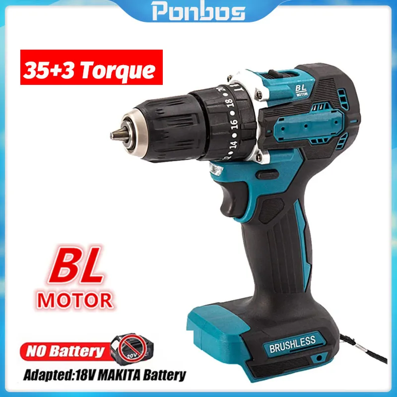 13mm 35+3 Torque Variable Speed with Collet Cordless Chuck Brushless Hammer Impact Drill Power Tool for Makita 18V Battery