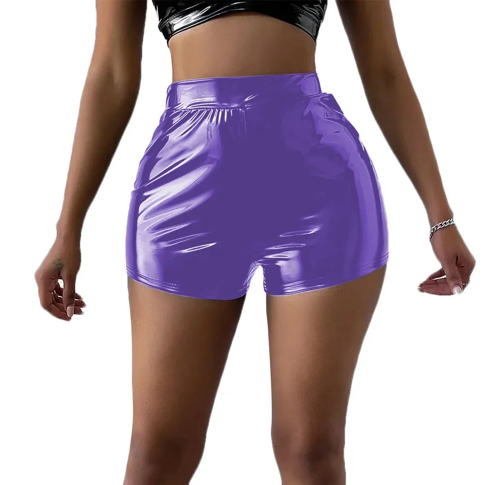 Elastic Waisted Short Pants for Women, Shiny Faux Latex, Solid Clothes, Popular Daily Match Bottoms, Party Stage Apparel