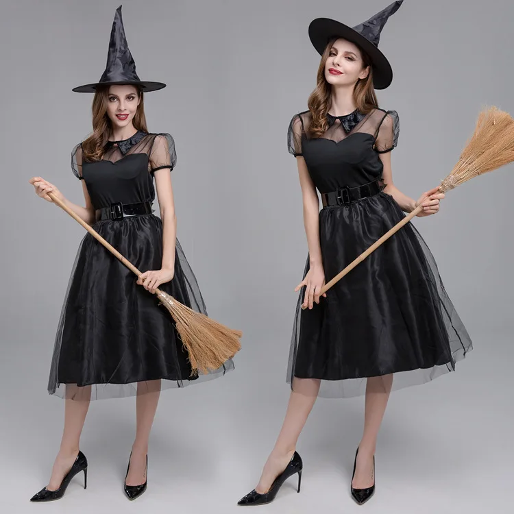 زي ساحرة أسود مثير شبكي مفرغ لحفلات الهالوين وعروض الأداء التنكري للنساء وعروض المسرح والزي التقليدي العرقي