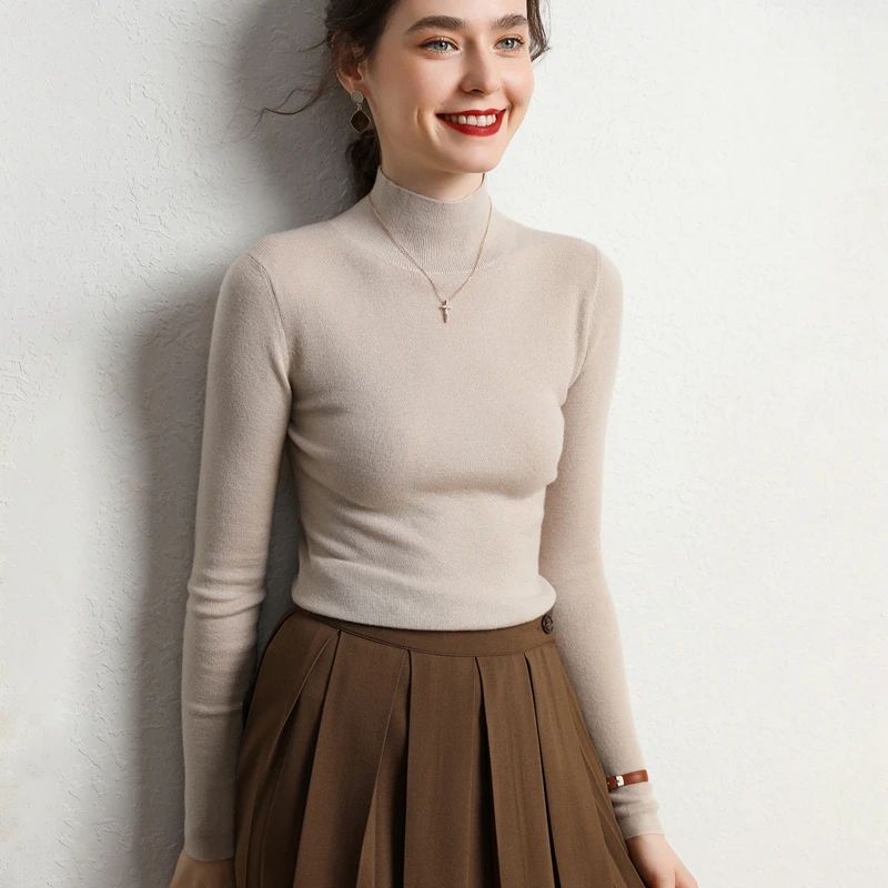 Vrouwen 100% Kasjmier Slanke Trui Mock Hals Trui Herfst Winter Eenvoudige Basic Fijne Kasjmier Truien Zachte Warme Kleding Tops