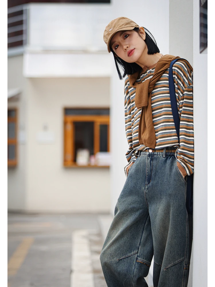 

Loose Long Sve Knitted Haax Stripe T-irt Women's round Ne Pullover Top Breathable Casual Sle Autumn Faion