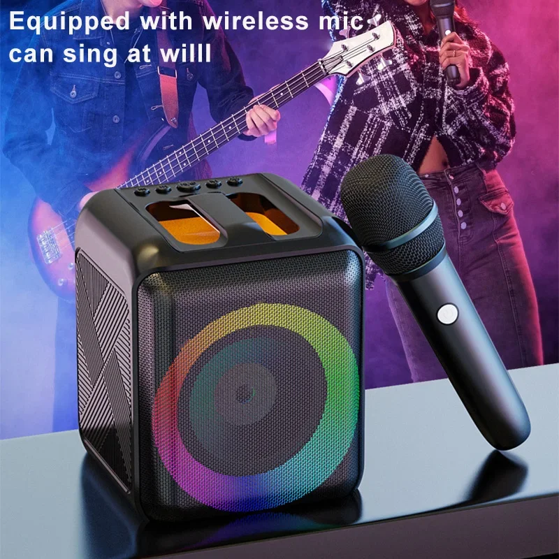 Outdoor Karaoke Party Bluetooth Speaker with Wireless Microphone Mini Portable RGB Light Subwoofer FM Sound Box TF/USB Playback